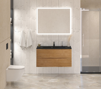 Тумба с раковиной подвесная BelBagno MARINO 100 Rovere Nature, раковина чёрная BB1000/445-LV-ART-PR-NERO