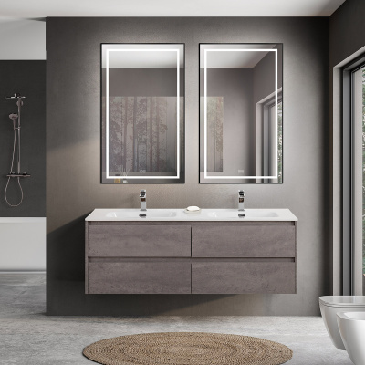Тумба с четырьмя ящиками и раковиной на две чаши подвесная BelBagno KRAFT 140 Cemento Grigio , раковина белая