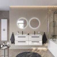 Тумба с раковиной подвесная с четырьмя ящиками CEZARES ECO-CER-N 140 Bianco Lucido, раковина белая с двумя чашами CZR-8095-140-2 Тумба с раковиной подвесная с четырьмя ящиками CEZARES ECO-CER-N 140 Bianco Lucido, раковина белая с двумя чашами CZR-8095-140-2