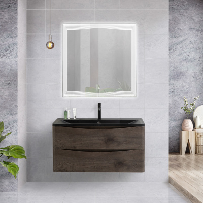 Тумба с раковиной подвесная BelBagno ACQUA 80 Rovere Nature Grigio, раковина чёрная Тумба с раковиной подвесная BelBagno ACQUA 80 Rovere Nature Grigio, раковина чёрная