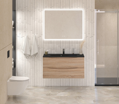 Тумба с раковиной подвесная BelBagno MARINO 100 Rovere Bianco, раковина чёрная BB1000/445-LV-ART-PR-NERO