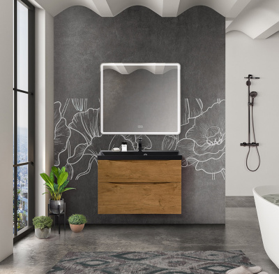 Тумба с раковиной подвесная BelBagno MARINO-H60 90 Rovere Nature, раковина черная Тумба с раковиной подвесная BelBagno MARINO-H60 90 Rovere Nature, раковина черная