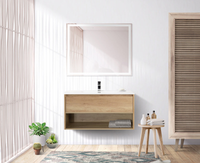 Тумба c раковиной подвесная с одним ящиком и одной открытой полкой BelBagno KRAFT 100 Rovere Nebrasca Nature, раковина белая Тумба c раковиной подвесная с одним ящиком и одной открытой полкой BelBagno KRAFT 100 Rovere Nebrasca Nature, раковина белая