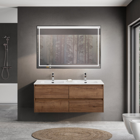 Тумба с четырьмя ящиками и раковиной на две чаши подвесная BelBagno KRAFT 120 Rovere Tabacco , раковина белая