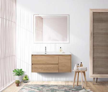 Тумба с раковиной подвесная с двумя ящиками и одной дверцей BelBagno KRAFT 100 Rovere Nebrasca Nature левая, раковина белая