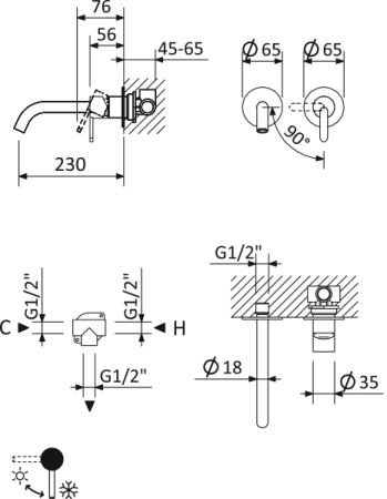 Смеситель для раковины встраиваемый CEZARES LEAF-BLI2-L-PS