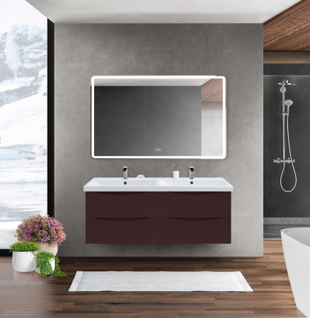 Тумба с раковиной на две чаши четырьмя ящиками подвесная BelBagno MARINO-CER 120 Bordo Lucido, раковина белая