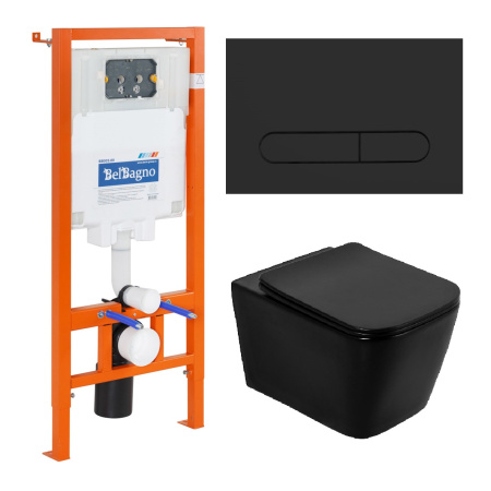 Комплект 4 в 1 Унитаз подвесной BelBagno ARDENTE-C BB3202CHR-MB с сиденьем BB3202SC-MB + Система инсталляции для унитазов BelBagno BB002-80 с кнопкой смыва BB007-PR-NERO.M