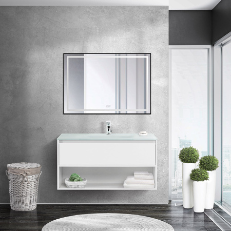 Тумба cо стеклянной раковиной подвесная с одним ящиком и одной открытой полкой BelBagno KRAFT 90 Bianco Opaco, раковина белая