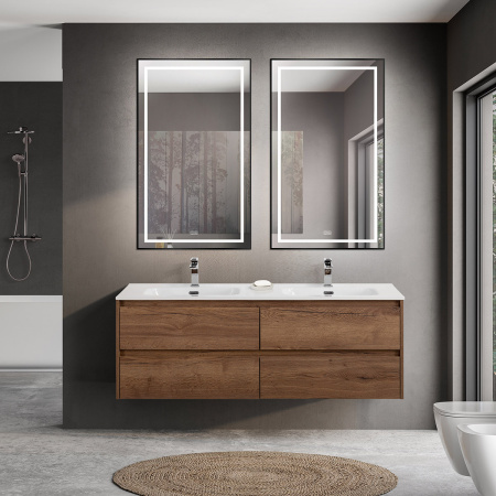 Тумба с четырьмя ящиками и раковиной на две чаши подвесная BelBagno KRAFT 140 Rovere Tabacco , раковина белая