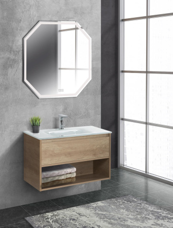 Тумба c раковиной подвесная с одним ящиком и одной открытой полкой BelBagno KRAFT 80 Rovere Nebrasca Nature, раковина белая