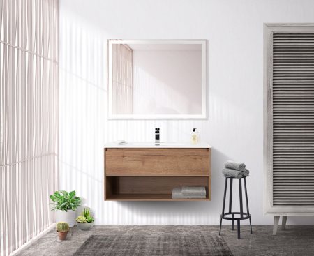 Тумба c раковиной подвесная с одним ящиком и одной открытой полкой BelBagno KRAFT 100 Rovere Tabacco, раковина белая