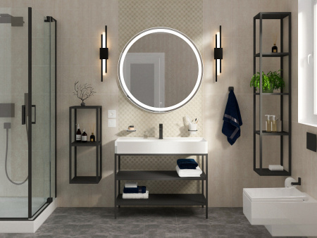 Консоль стальная с раковиной напольная Cezares CADRO 80 Nero двухъярусная, раковина белая