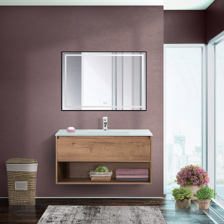 Тумба cо стеклянной раковиной подвесная с одним ящиком и одной открытой полкой BelBagno KRAFT 90 Rovere Tabacco, раковина белая