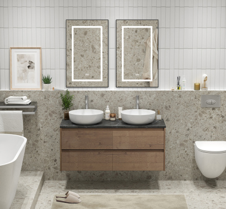 Тумба с четырьмя ящиками, столешницей и накладными раковинами подвесная BelBagno KRAFT 120 Rovere Tabacco