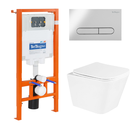 Комплект 3 в 1 Унитаз подвесной с сиденьем BelBagno DUE BB3103CHR/SC + Система инсталляции для унитазов BelBagno BB002-80  с кнопкой смыва BB005-PR-CHROME