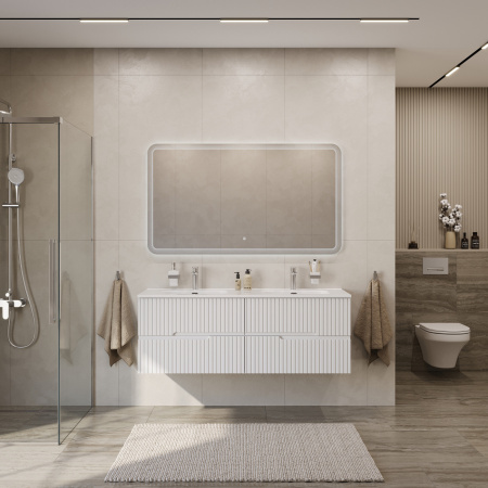 Тумба с раковиной подвесная с четырьмя ящиками CEZARES DUET-N 140 Bianco Lucido, раковина белая с двумя чашами CZR-8095-140-2