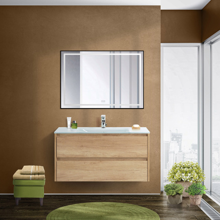 Тумба со стеклянной раковиной подвесная BelBagno KRAFT 90 Rovere Nebrasca Nature, раковина белая