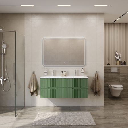 Тумба с раковиной подвесная с четырьмя ящиками CEZARES DUET-N 120 Фисташковый Софт, раковина белая с двумя чашами CZR-8073-120-2