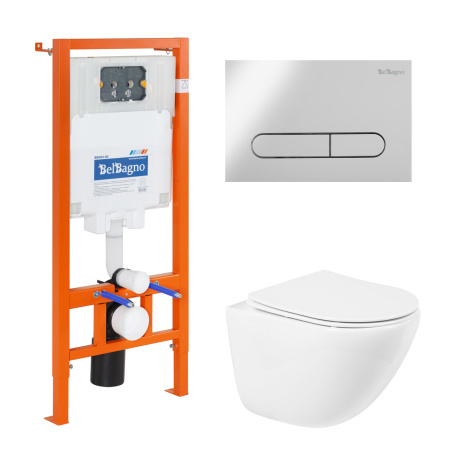 Комплект 4 в 1 Унитаз подвесной BelBagno AMANDA BB051CHR с сиденьем BB051SC + Система инсталляции для унитазов BelBagno BB002-80 с кнопкой смыва BB005-PR-CHROME