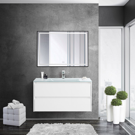 Тумба со стеклянной раковиной подвесная BelBagno KRAFT 100 Bianco Opaco, раковина белая