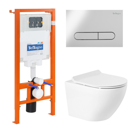 Комплект 4 в 1 Унитаз подвесной BelBagno SFERA-R BB046CHR с сиденьем BB2111SC + Система инсталляции для унитазов BelBagno BB002-80 с кнопкой смыва BB005-PR-CHROME