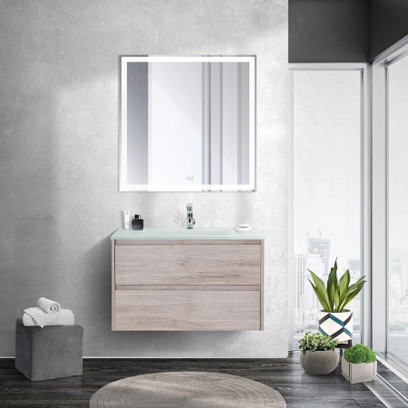 Тумба со стеклянной раковиной подвесная BelBagno KRAFT 80 Rovere Galifax Bianco, раковина белая