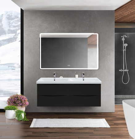 Тумба с раковиной на две чаши четырьмя ящиками подвесная BelBagno MARINO-CER 120 Nero Lucido, раковина белая