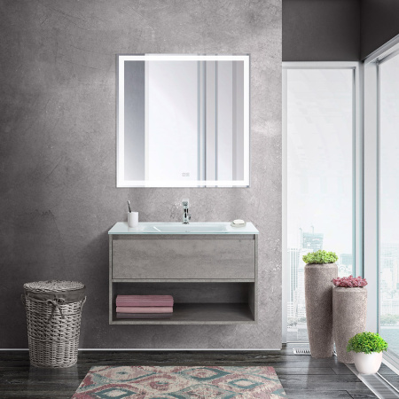 Тумба cо стеклянной раковиной подвесная с одним ящиком и одной открытой полкой BelBagno KRAFT 80 Cemento Grigio, раковина белая