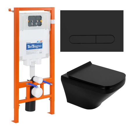 Комплект 4 в 1 Унитаз подвесной BelBagno SELA BB3201CHR-MB с сиденьем BB3201SC-MB + Система инсталляции для унитазов BelBagno BB002-80 с кнопкой смыва BB007-PR-NERO.M