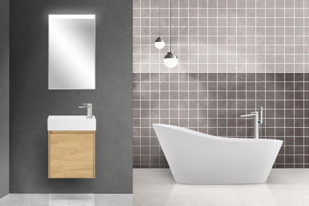 Тумба с раковиной подвесная BelBagno KRAFT MINI 50 Rovere Nebrasca Nature левосторонняя, раковина белая