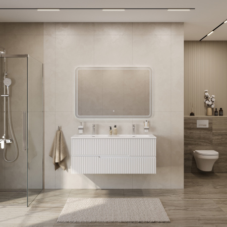 Тумба с раковиной подвесная CEZARES DUET-N 120 Bianco Lucido, раковина белая с двумя чашами CZR-8073-120-2