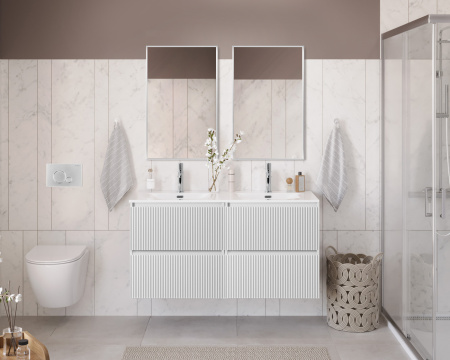 Тумба с раковиной подвесная с четырьмя ящиками BelBagno UNO 120 Bianco Opaco, раковина белая BB-8099-120-2