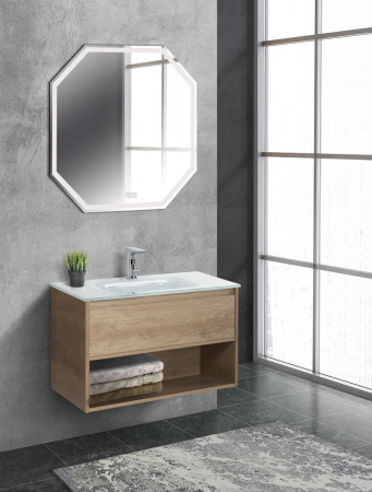 Тумба cо стеклянной раковиной подвесная с одним ящиком и одной открытой полкой BelBagno KRAFT 80 Rovere Nebrasca Nature, раковина белая