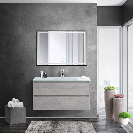 Тумба со стеклянной раковиной подвесная BelBagno KRAFT 100 Cemento Grigio, раковина белая