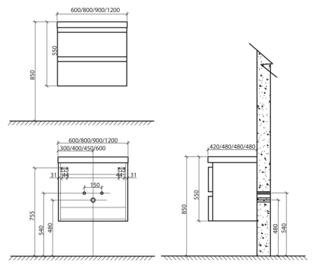 База под раковину подвесная BelBagno ENERGIA-N-900-2C-SO-BL Bianco Lucido
